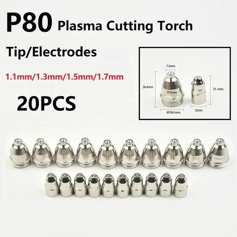 Premium 20 Pc P80 Plasma Cutter Electrodes Nozzles And Tips For CNC Machines With Copper Shield High Conductivity 1.7mm Thick Cutting Torch Consumables That Last, 20-piece set with various tip sizes.