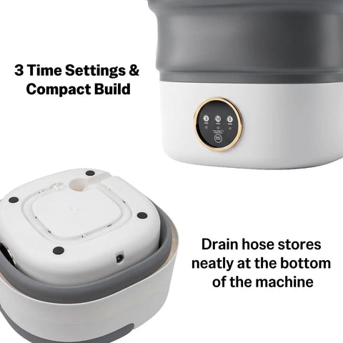 Clutch 20L Foldable Portable Washer With Power Spin Basket 3 Cleaning Modes Blue Light Tech showing 3 time settings and compact build.