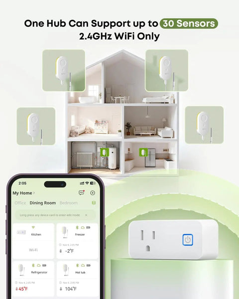 WiFi Refrigerator Thermometer With Freezer Alarm and Remote Temperature Monitoring Dope App Alerts Email Buzzer Power Outage Alerts Pass Through Outlet Hub Two Sensors Ultra Flat Probe for Home Kitchen, hub and app view