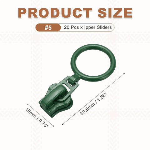 20 Pack Size 5 Zipper Sliders Metal Replacement With Pull Loop No Sewing Needed For Quick Fixes On Bags Wallets Jackets And Other Closed End Zippers In Green DIY Friendly showing green slider with dimensions 39.5x19mm.