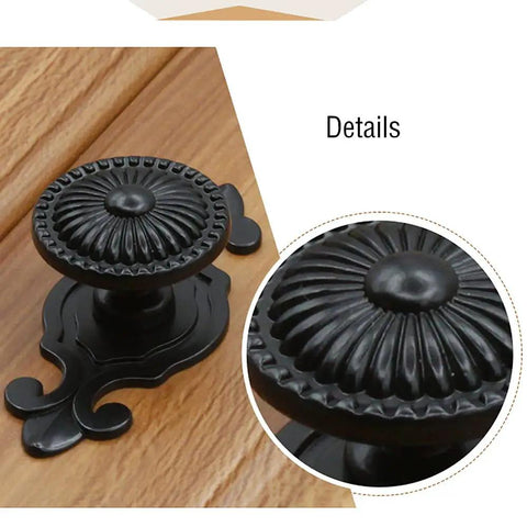 Top Notch Black Antique Mushroom Dresser Knobs With Decorative Zinc Backplates - 12 Pack showing detailed matte black decorative cabinet knob.