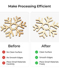 xTool P2 Honeycomb Panel 2.0: side-by-side images showing Before and After on a wood snowflake, red X and green check.