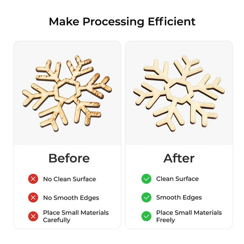 xTool P2 Honeycomb Panel 2.0: side-by-side images showing Before and After on a wood snowflake, red X and green check.