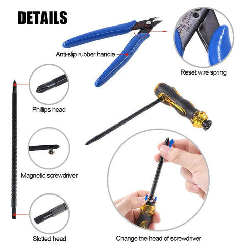 Pro Grade Coaxial Cable Tool Set With Ratchet Crimp Tool, Coaxial Stripper, Wire Cutter, Screwdriver in leather case details view