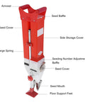 Depth Adjustable Hand Push Garden Seeder for Corn and More with visible parts labeled, Easy No Bend Operation, Sowing Depth 60mm, Seed Rate 1-3 Seeds.