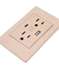 Top Tier 15 Amp Wall Outlet With Rock Solid Metal Faceplate And Smooth Dual USB C Plus USB A Charging Ports For Quick Plug In Home Or Office Setup Us Standard Plug in gold color.