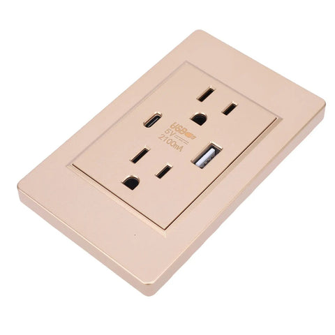Top Tier 15 Amp Wall Outlet With Rock Solid Metal Faceplate And Smooth Dual USB C Plus USB A Charging Ports For Quick Plug In Home Or Office Setup Us Standard Plug in gold color.