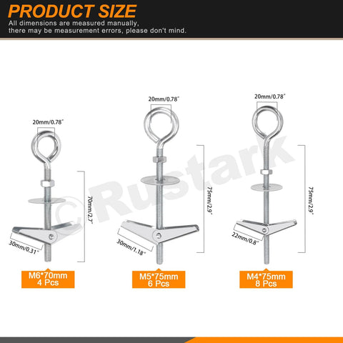 Front view of 18 Pieces M4 M5 M6 O Shaped Eye Bolt Toggle Anchors Kit For Drywall Hanging Plants And Mounts, shown in various sizes.