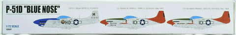 Box art showing decals for P51D Blue Nose 1 To 72 Scale Plastic Model Airplane Kit With Approximately 6 Inch Wingspan Highly Detailed Parts