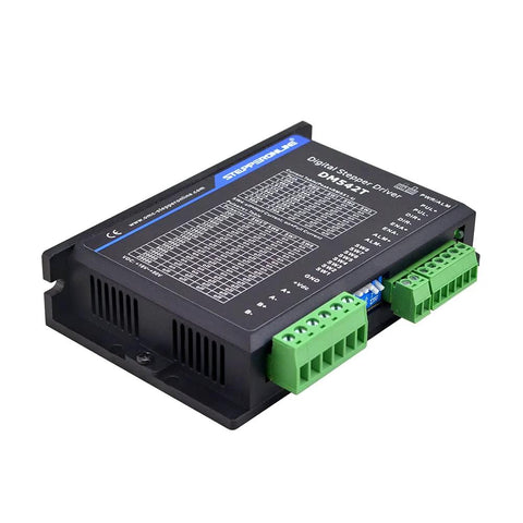 Digital stepper motor driver module, black enclosure with green terminal blocks and StepperOnline label
