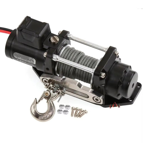 Heavy Duty Metal Electric Winch Upgrade Kit For Traxxas TRX4 And SCX10 RC Crawler Cars with metal body and accessories.