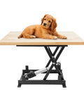 Rugged Electric Scissor Lift Table With 250 Lbs Capacity and Heavy Duty Hydraulic Pump shown with a dog on the wooden surface.