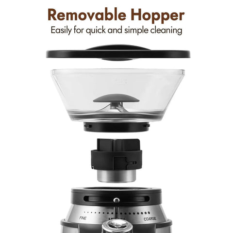 Electric Conical Burr Coffee Grinder With 17 Grind Settings From French Press To Espresso features removable hopper for easy cleaning.