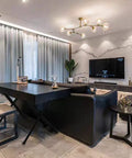 Modern living room with a sleek black desk featuring Industrial Iron X Style Table Legs Set Of 2 28 Inch Tall By 20 Inch Wide Desk And Table Legs.