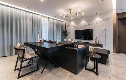 Modern living room with a sleek black desk featuring Industrial Iron X Style Table Legs Set Of 2 28 Inch Tall By 20 Inch Wide Desk And Table Legs.