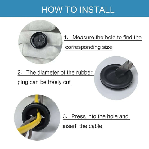 Installation guide for 188Pcs Rubber Grommets Kit In 10 Sizes With Firewall Hole Plugs Assortment showing cutting and inserting grommet.