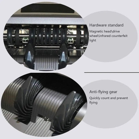 Close-up of Bank Grade Cash Counter Machine With Slick Anti Fake Detector showing magnetic head and anti-flying gear features.