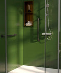 Modern bathroom with green tiles featuring 2 Pack 24 Inch Anti Slip Shower Grab Bar With Oil Rubbed Black 1.25 Inch Knurled Easy Grip Safety Hand Rail