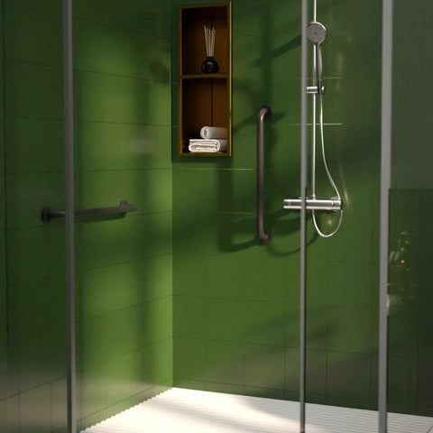 Modern bathroom with green tiles featuring 2 Pack 24 Inch Anti Slip Shower Grab Bar With Oil Rubbed Black 1.25 Inch Knurled Easy Grip Safety Hand Rail