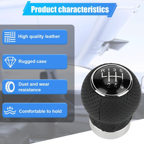 Six Speed Leather Shift Knob For Cars with ergonomic design and aluminum core with PU leather grip next to feature icons