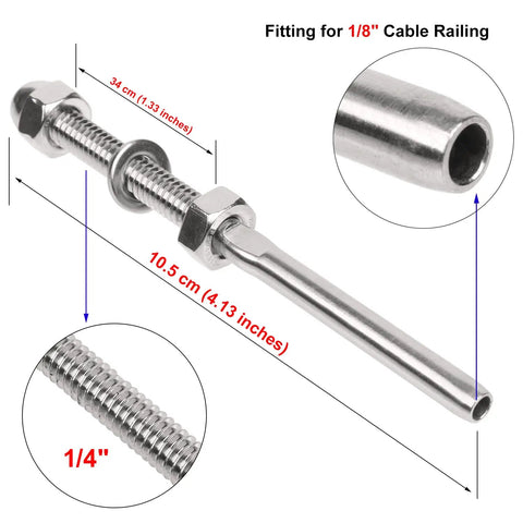 Close-up of 50 Pack 1/8 Inch Stainless Steel Cable Railing Swage Threaded Stud End Fittings for 2x2 Wood or Metal Posts T316 Deck Cable Tensioners Heavy Duty Railing Hardware Kit, showcasing threaded design.