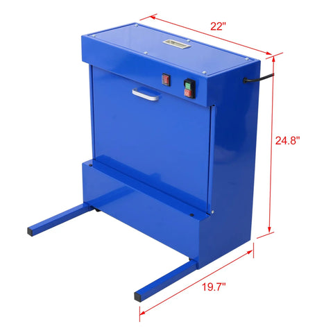 Rugged Bench Parts Cleaner With 14L Tank Capacity And 120V High Flow Pump Kickin Serious Deep Wash Power For Quick Engine Degreasing And Shop Tool Care Blue Finish, showing dimensions 22x24.8x19.7 inches.
