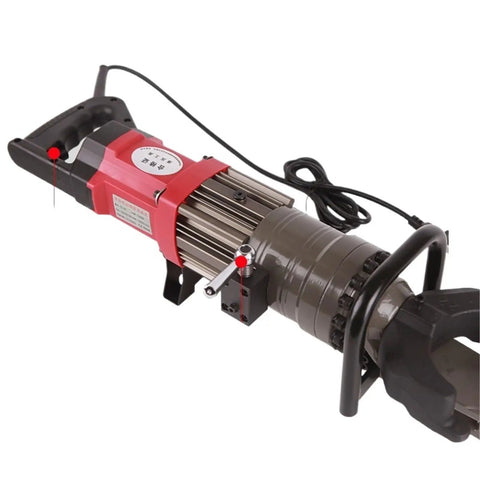 Heavy Duty Portable Electric Rebar Cutter And Bender For Construction, close-up of hydraulic cutting machine, suitable for 14-28mm rods.