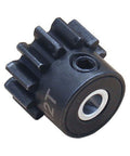 Black pinion gear coupler shaft for RC cars, 12 tooth, visible central bore for 8mm to 5mm motor axle adapter.