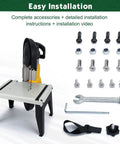 Portable Band Saw Stand Table For DeWalt And Milwaukee Deep Cut Saws Powder Coated with accessories displayed for installation.