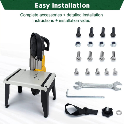 Portable Band Saw Stand Table For DeWalt And Milwaukee Deep Cut Saws Powder Coated with accessories displayed for installation.