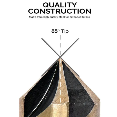 Pro Grade 5 Piece Countersink Drill Bit Set Featuring Quarter Inch Tri Flat Quick Change Shank And 82 Degree Cutting Angle close-up of 85 degree tip made from high quality steel.