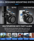 Wireless Remote Bike Alarm With 115dB Siren Motion Sensor shown with zip tie and double-sided tape mounting options for vehicles