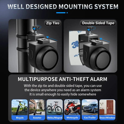 Wireless Remote Bike Alarm With 115dB Siren Motion Sensor shown with zip tie and double-sided tape mounting options for vehicles
