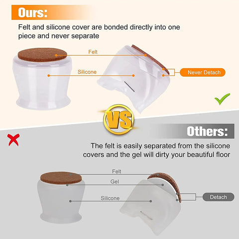 Comparison image showing Super Easy Floor Guard Chair Leg Protectors For Hardwood Floors with felt bonded to silicone versus detachable felt and silicone.