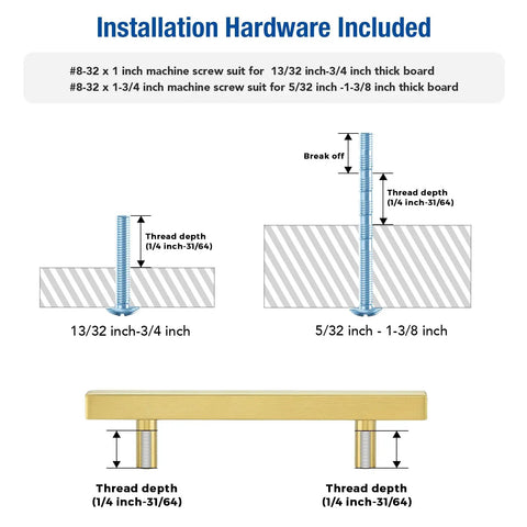 Installation guide for Top Tier Brushed Brass Cabinet Pulls Square Face Design 4 Inch Centers hardware details.
