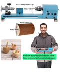 Mini Wood Lathe Machine For Desktop With Infinite Speed Control Perfect For DIY Enthusiasts, displayed with wood turning projects.
