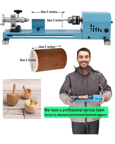 Mini Wood Lathe Machine For Desktop With Infinite Speed Control Perfect For DIY Enthusiasts, displayed with wood turning projects.