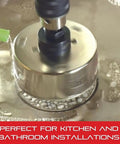 Diamond Grit Hole Saw For Small Holes, 2 1/8 Inch Diameter, 1 5/8 Inch Cutting Depth in use, ideal for kitchen and bathroom installations.