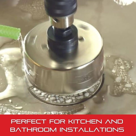 Diamond Grit Hole Saw For Small Holes, 2 1/8 Inch Diameter, 1 5/8 Inch Cutting Depth in use, ideal for kitchen and bathroom installations.