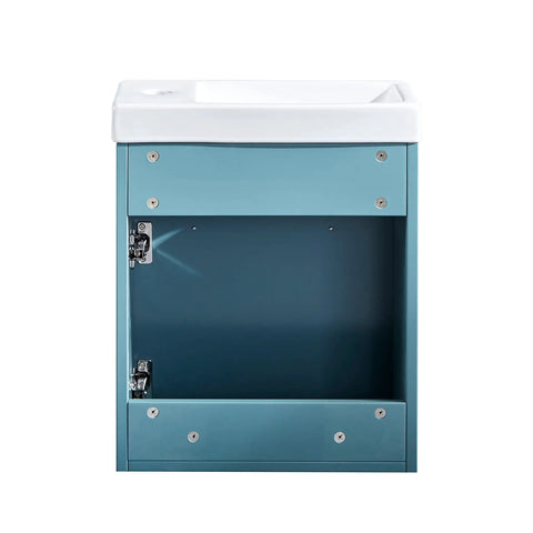 Compact 16 Inch Floating Bathroom Vanity With White Ceramic Vessel Sink Blue MDF Storage Cabinet Modern Minimalist Design