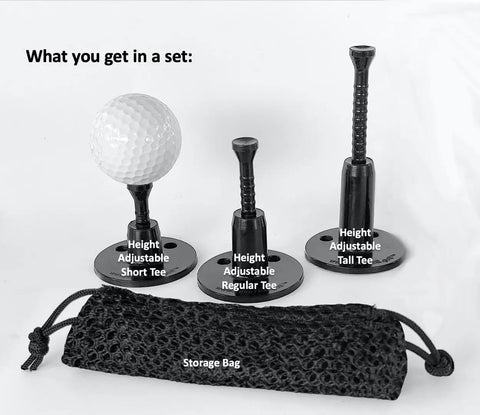 Height Adjustable Golf Tee Set for Driving Range Mats with Three Height Options Short Regular Tall and Storage Bag All Black