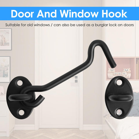 Heavy Duty 4 Inch Stainless Steel Gate Latch With Hook And Eye Barn Door Lock Hardware in black finish against a room backdrop