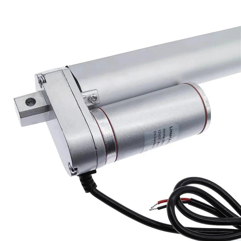 Premium Electric Linear Actuator With 250mm And 300mm Stroke Options Compatible With 12V Or 24V Dc Power Runs Like A Charm For Smart Home Projects And Industrial Automation Tasks close-up view of actuator motor and connecting wire.