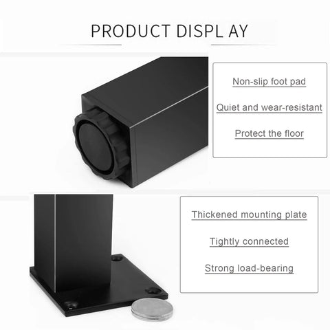Adjustable Square Aluminum Furniture Legs 12 cm Tall 4 Pack Black Cabinet Feet non-slip foot pad and mounting plate detail