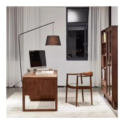 Kickass Executive Desk With Three Smooth Drawers And Raised Monitor Stand Perfect For Your Prime Home Office Or Gaming Rig In Rich Black Walnut Wood Finish 143 Cm Wide, styled with monitor and lamp.