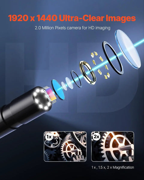 Endoscope Camera With 49.2ft Semi-Rigid Cable For Android And iOS, 1920p HD Borescope lens and magnification display