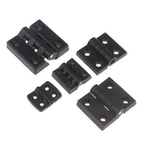 Rotating Concealed Door Hinge for Cabinets and Small Black Plastic Bearing Hinge 1 piece shown in different angles and sizes