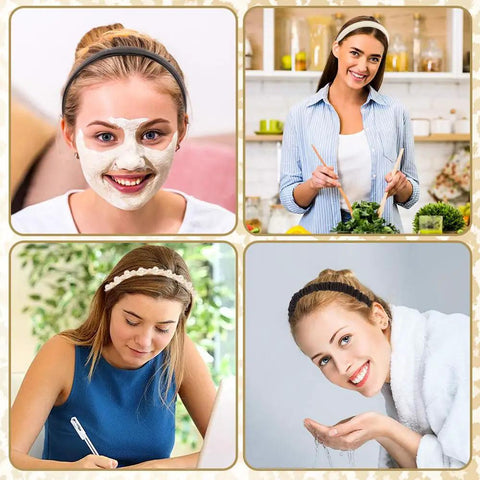 Snag These 7 Pack Of Ultra Comfy Headbands For Women Mixing Neutral Solid Knotted Padded Styles With Pearl Accents Soft Durable Daily Wear Essentials To Upgrade Any Fit. Collage of women wearing various padded headbands in daily routines.