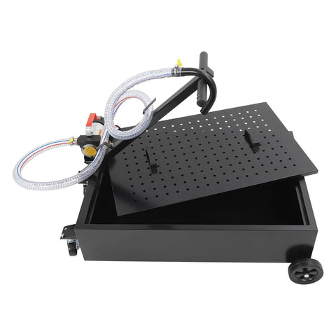 Cool Electric Oil Drain Pan With Pump And Hose For Cars Trucks Rvs, 20 Gal Steel Cart On Wheels, open with hose attached.