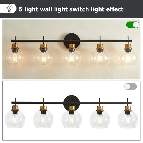 Black Gold Vanity Light Fixtures With Glass Shade 5 Light Wall Sconces Over Mirror Modern Glam Bathroom Lighting warm glow